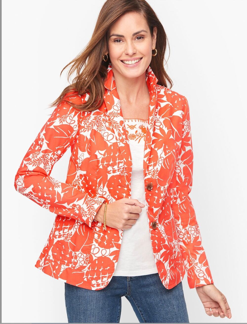 Talbots Women’s 8 Pink White Casual Cotton Blazer Tropical Pineapple Lined NEW